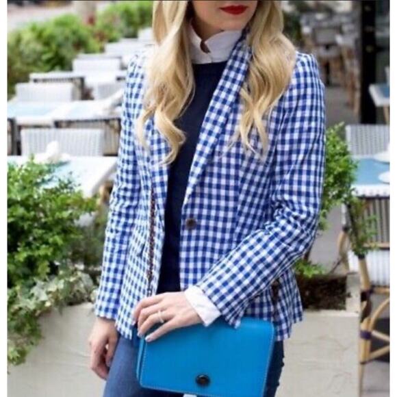 J.Crew Campbell Linen Blazer‎ Size 4 Gingham Blue Casual Office Career Preppy - Picture 14 of 16